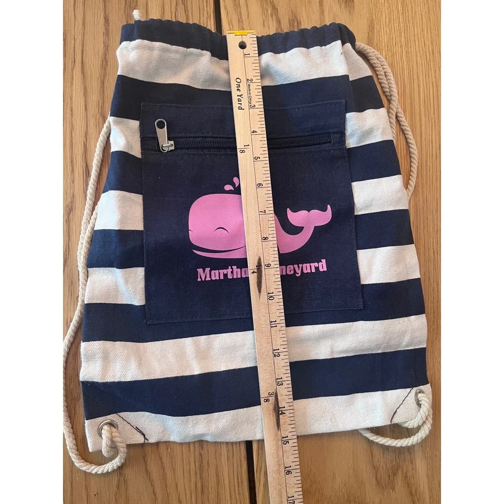 Martha's Vineyard Canvas Drawstring Backpack Navy White Striped Pink‎ Whale Bag